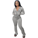 Winter Grey Velvet Zipper Hoodie Set Pockets Wide Leg Pant Set For Women