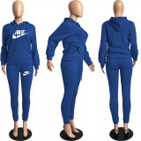 Winter Royal Blue Drawstring Sweatshirt Sports Hoodie Women Set with Pockets