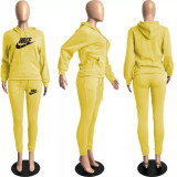 Winter Yellow Drawstring Sports Sweatshirt Hoodie Women Set with Pockets