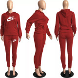 Winter Red Drawstring Sweatshirt Sports Hoodie Women Set with Pockets