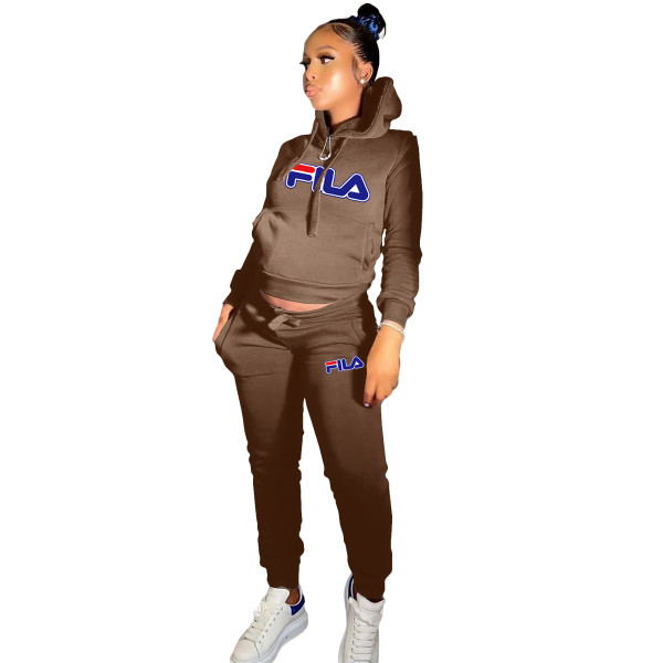 Casual Coffee Skinny Printed Hoodie Sweatsuits Matching Sets 2 Two Piece Set Tracksuit