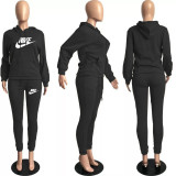 Winter Black Drawstring Sweatshirt Sports Hoodie Women Set with Pockets