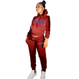 Casual Wine Red Skinny Printed Hoodie Sweatsuits Matching Sets 2 Two Piece Set Tracksuit