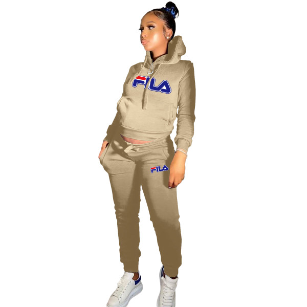 Casual Khaki Skinny Printed Hoodie Sweatsuits Matching Sets 2 Two Piece Set Tracksuit
