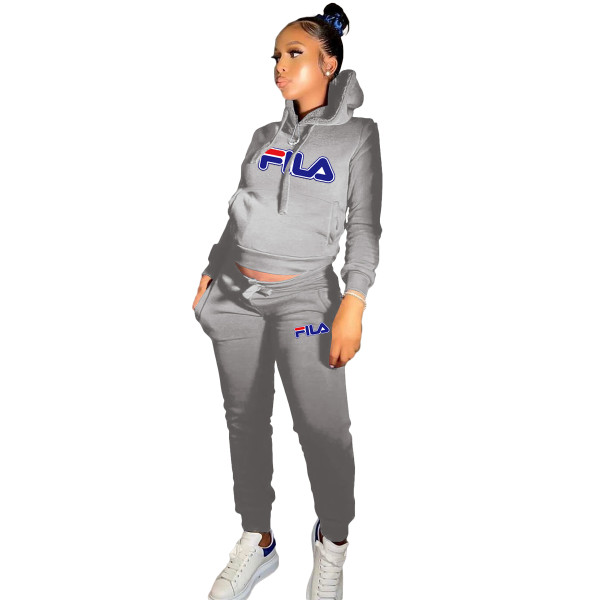 Casual Grey Skinny Printed Hoodie Sweatsuits Matching Sets 2 Two Piece Set Tracksuit