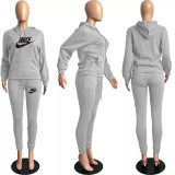 Winter Grey Drawstring Sweatshirt Sports Hoodie Women Set with Pockets