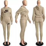 Winter Khaki Drawstring Sports Sweatshirt Hoodie Women Set with Pockets