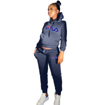 Casual Dark Blue Skinny Printed Hoodie Sweatsuits Matching Sets 2 Two Piece Set Tracksuit