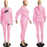 Winter Pink Drawstring Sweatshirt Sports Hoodie Women Set with Pockets