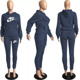 Winter Dark Blue Drawstring Sweatshirt Sports Hoodie Women Set with Pockets