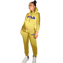 Casual Yellow Skinny Printed Hoodie Sweatsuits Matching Sets 2 Two Piece Set Tracksuit