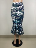Women Camouflage Ruffle Hem Irregular High Waist Bodycon Mermaid Skirt
