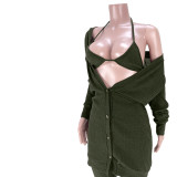 Women 3 Piece Sets Sexy Lingerie Lounge Wear Set Olive Green Pyjamas Female Nightwear Cardigan Sleepwear