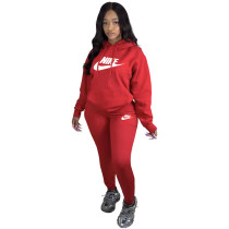 Winter Red Sweatshirt Printed Two Piece Running Clothes Sweatpants and Hoodie Set