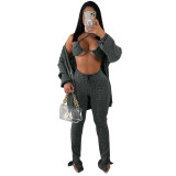 Women 3 Piece Sets Sexy Lingerie Lounge Wear Set Dark Grey Pyjamas Female Nightwear Cardigan Sleepwear