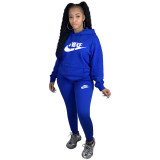 Winter Blue Sweatshirt Printed Two Piece Running Clothes Sweatpants and Hoodie Set