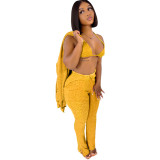 Women 3 Piece Sets Sexy Lingerie Lounge Wear Set Yellow Pyjamas Female Nightwear Cardigan Sleepwear