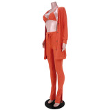 Women 3 Piece Sets Sexy Lingerie Lounge Wear Set Orange Pyjamas Female Nightwear Cardigan Sleepwear