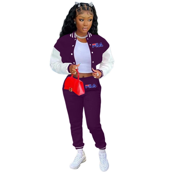 Purple Printed Letter Color Matching Single-breasted Baseball Uniform Casual Pants Two-piece Sportswear Set