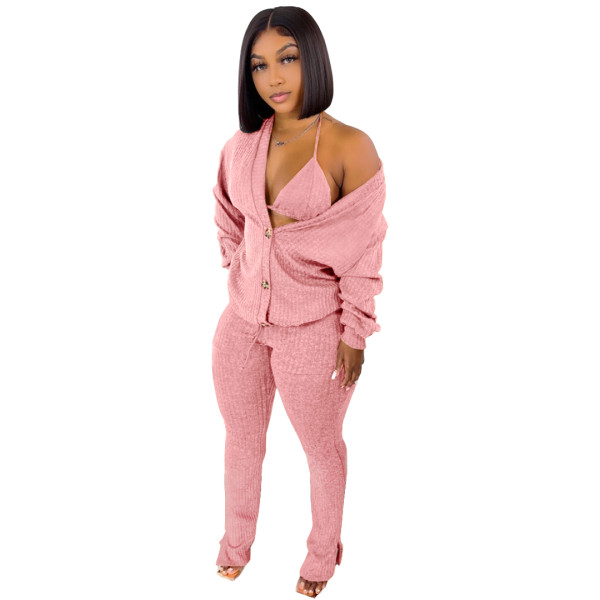 Women 3 Piece Sets Sexy Lingerie Lounge Wear Set Pink Pyjamas Female Nightwear Cardigan Sleepwear