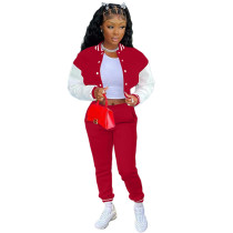 Red Color Matching Single-breasted Baseball Uniform Casual Pants Two-piece Sports Suit