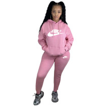 Winter Pink Sweatshirt Printed Two Piece Running Clothes Sweatpants and Hoodie Set