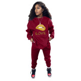 Fashion Wine Red Pockets Mouth Printed Pullover Sweatshirt Pants Set