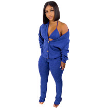 Women 3 Piece Sets Sexy Lingerie Lounge Wear Set Klein Blue Pyjamas Female Nightwear Cardigan Sleepwear