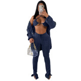 Women 3 Piece Sets Sexy Lingerie Lounge Wear Set Dark Blue Pyjamas Female Nightwear Cardigan Sleepwear