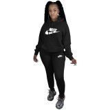 Winter Black Sweatshirt Printed Two Piece Running Clothes Sweatpants and Hoodie Set