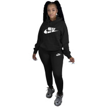 Winter Black Sweatshirt Printed Two Piece Running Clothes Sweatpants and Hoodie Set