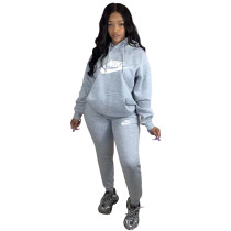 Winter Grey Sweatshirt Printed Two Piece Running Clothes Sweatpants and Hoodie Set