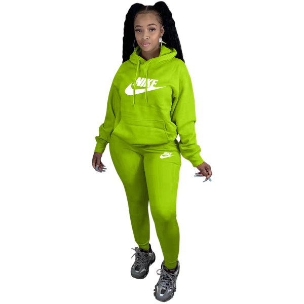 Winter Fluorescent Green Sweatshirt Printed Two Piece Running Clothes Sweatpants and Hoodie Set