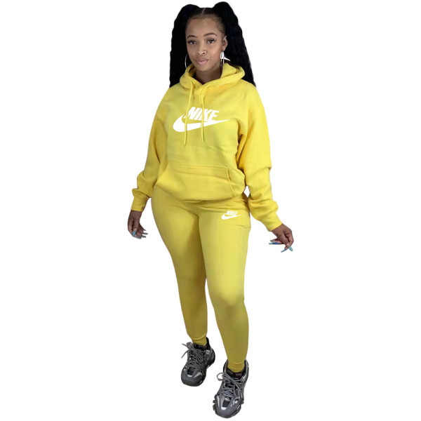 Winter Yellow Sweatshirt Printed Two Piece Running Clothes Sweatpants and Hoodie Set