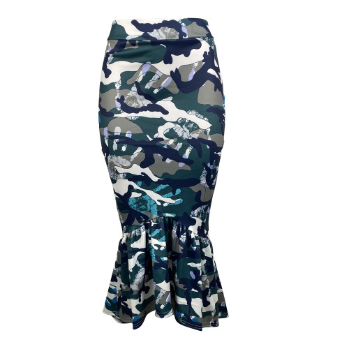 Women Camouflage Ruffle Hem Irregular High Waist Bodycon Mermaid Skirt