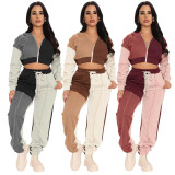 Warm Fabric Stitching Clothes Women Sports Hooded Two Piece with Zipper