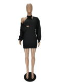 Solid Color Black Imitation Cotton V Neck Pit knit Mini Dress with Vest