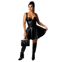 Sexy Black PU Leather High Waist Short Pleated Skirt