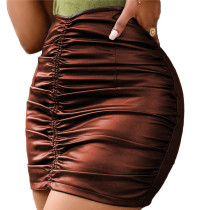 Womens Coffee Faux Leather Mini Skirt with Zipper A-line Bodycon PU Pencil Skirts