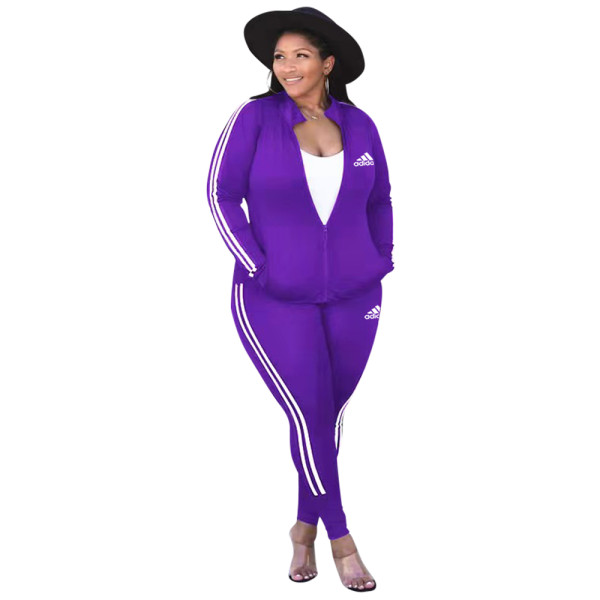 Casual Purple Printed Dyeing Letter Two Piece Sportswear Set with Zipper