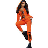 Solid Color Zipper Printed Letters Sports Two Piece Pants Set