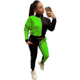 Casual Fluorescent Green/Black Color Matching High Neck Pullover Two Piece Women Set