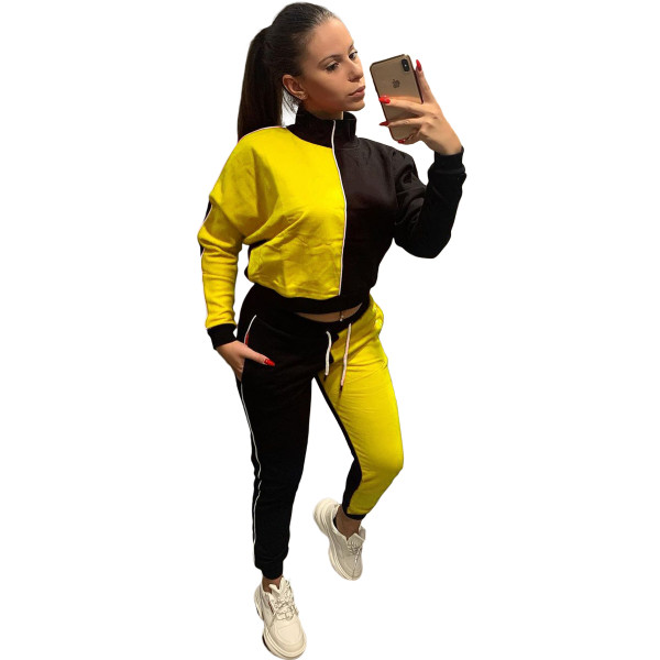 Casual Yellow/Black Color Matching High Neck Pullover Two Piece Women Set