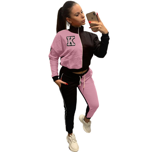 Casual Pink/Black Letter Color Matching Set Women High Neck Sports Two Piece Suit
