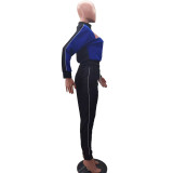 Casual Blue/Black Letter Color Matching Set Women High Neck Sports Two Piece Suit