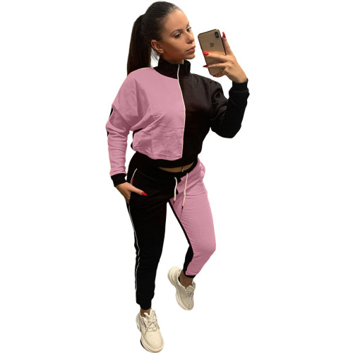 Casual Pink/Black Color Matching High Neck Pullover Two Piece Women Set