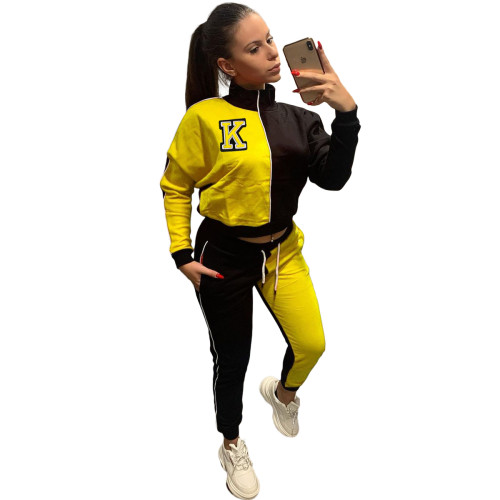 Casual Yellow/Black Letter Color Matching Set Women High Neck Sports Two Piece Suit