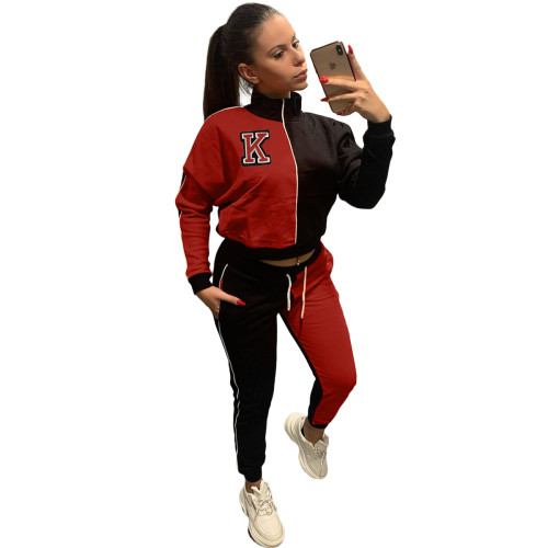 Casual Red/Black Letter Color Matching Set Women High Neck Sports Two Piece Suit