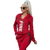 Solid Color Red Zipper Printed Letters Sports Two Piece Pants Set