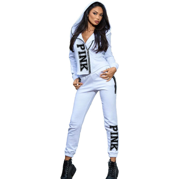 Solid Color White Zipper Printed Letters Sports Two Piece Pants Set